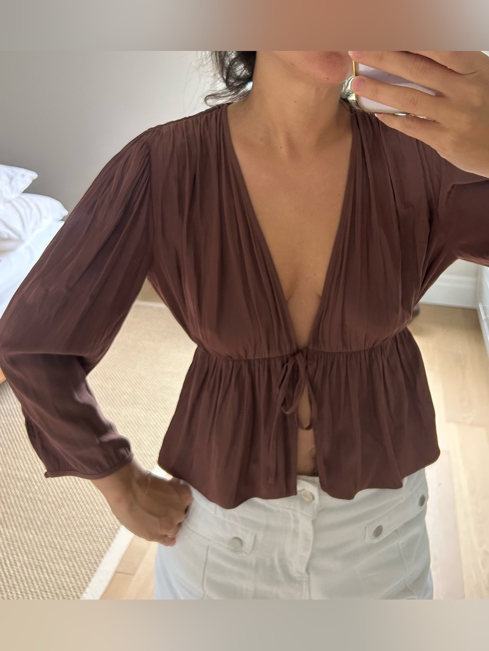 Wilfred Brown Tie-Front Peplum Blouse